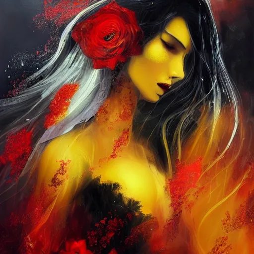 Image similar to red like roses fills my dreams and brings me to the place you rest. | white is cold and always yearning, burdened by a royal test. | black the beast descends from shadows. | yellow beauty burns gold. abstract oil painting. beautiful woman. fantasy. concept art. rwby. highly detailed and colorful.