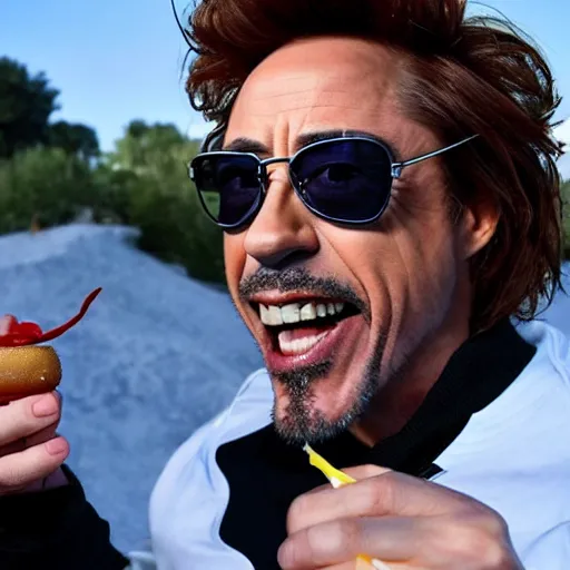 Prompt: robert downey jr eating a delicious hot dog on the surface of the moon, taken with a selfie stick, fisheye lens