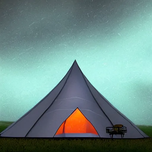 Image similar to advanced futuristic tent, camping on top of a tower, in an ice storm, hyperrealism