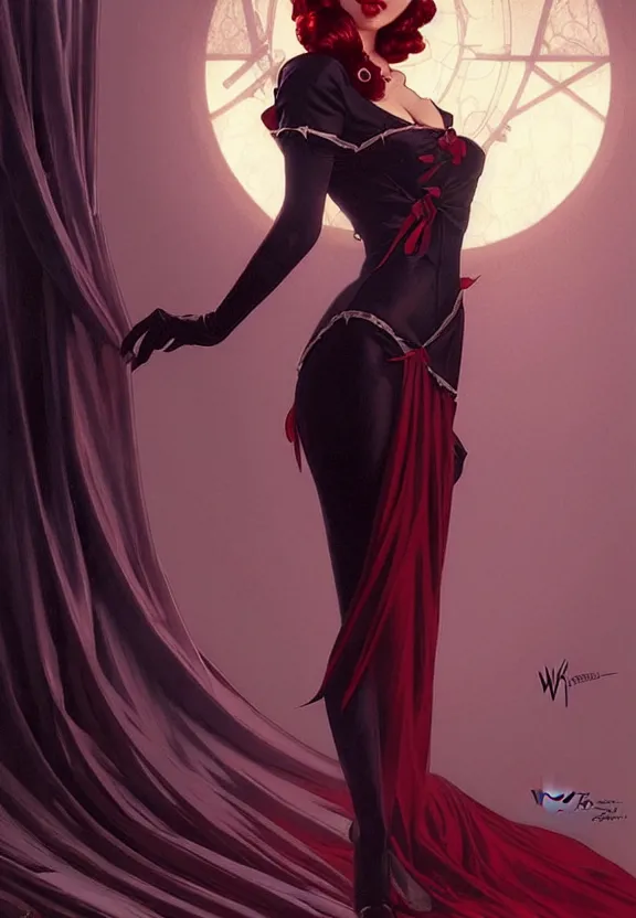 Prompt: elegant pin-up vampire at 50’s style diner, fantasy magic, dark light night, intricate, elegant, sharp focus, illustration, highly detailed, digital painting, concept art, matte, art by WLOP and Artgerm and Greg Rutkowski and Alphonse Mucha, masterpiece