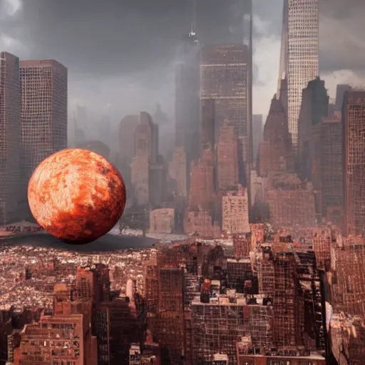 Prompt: cinematic still of giant rusty ball destroyed new york, post apocalyptic