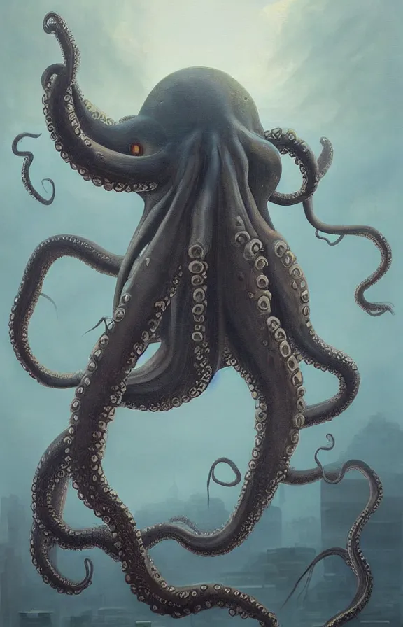 Image similar to a giant octopus monster moving through a foggy and dim city, extremely detailed!!! oil painting, dull palette
