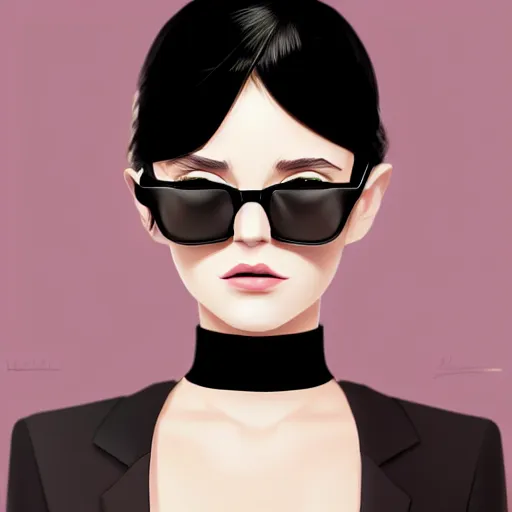 Prompt: young female in black tuxedo, corporate boss, luxury, muted colors, matte print, pastel colors, 2d, ultra highly detailed, smooth, sharp focus, digital art, digital painting, fan art, elegant, artstation, head is centered, by Ilya Kuvshinov