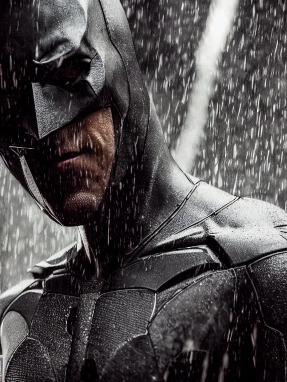 Image similar to film still, ryan reynolds as batman, mask half torn, hyperrealism, moody lighting, rain, intricate, 8 k