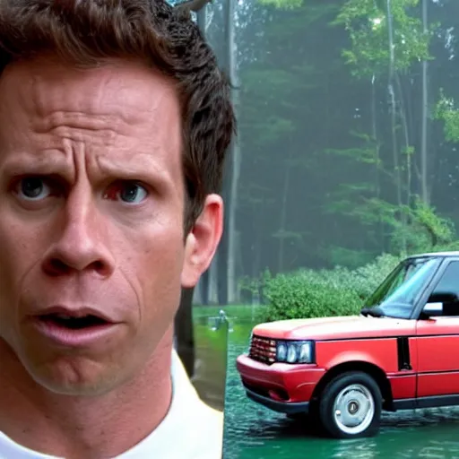 Image similar to dennis reynolds in a fiery rage, standing next to his range rover near a body of water, cinematic style