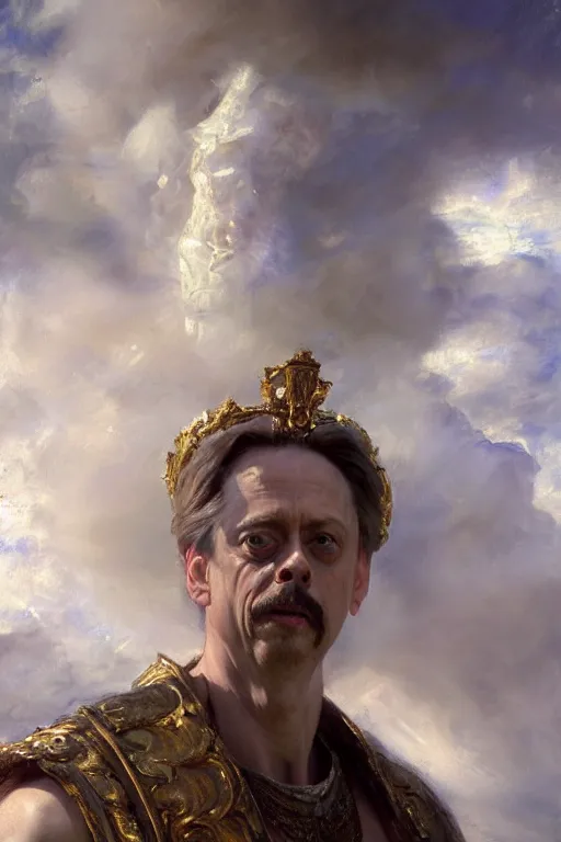 Image similar to beautiful detailed expressive impressionistic oil painting portrait of ancient roman god emperor steve buscemi ascending into the clouds wearing the civic crown, renaissance painting, art by anders zorn, wonderful masterpiece by greg rutkowski, expressive brush strokes, beautiful cinematic light, american romanticism by greg manchess, jessica rossier