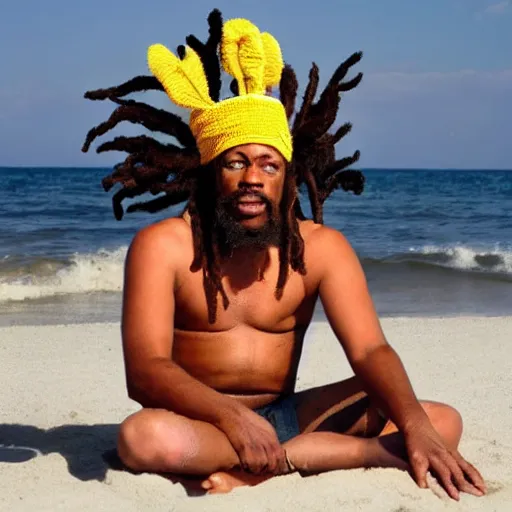 Image similar to rastafarian donald trump lounging on the beach.