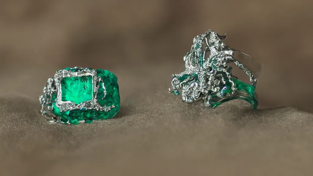 Image similar to a ring trapping a demon soul on emerald crystals inspired by tiffany co