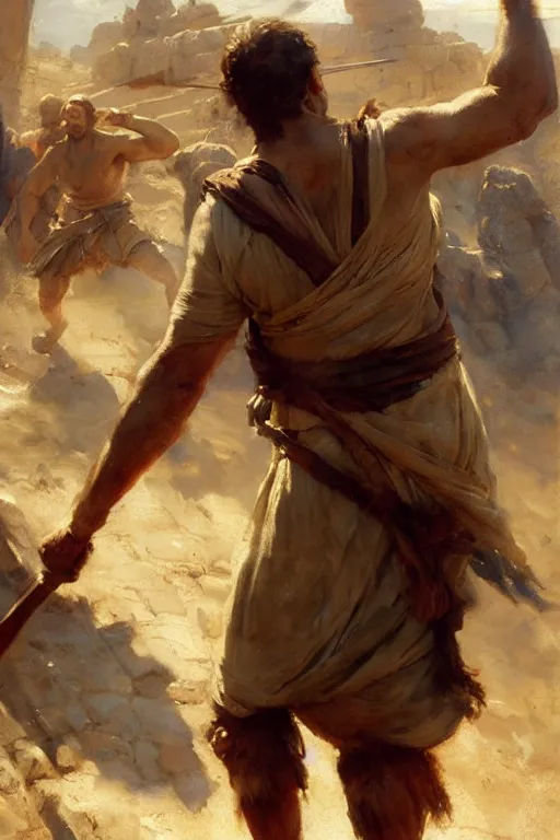 Image similar to ancient biblical israeli young man david slinging a stone at the philistine giant goliath of gath in battle by anders zorn, wonderful masterpiece by greg rutkowski, beautiful cinematic light, by greg manchess, jessica rossier