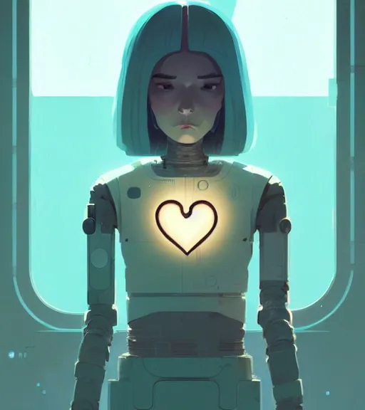 Image similar to portrait of a female android with a human heart by atey ghailan, by greg rutkowski, by greg tocchini, by james gilleard, by joe fenton, by kaethe butcher, dynamic lighting, gradient light blue, brown, blonde cream and white color scheme, grunge aesthetic