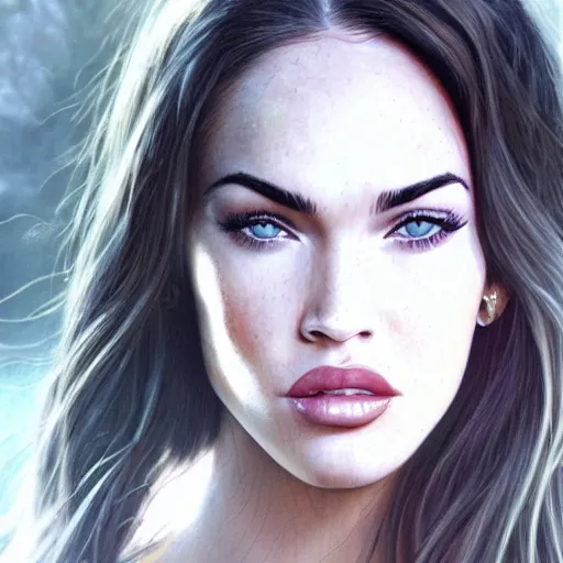 Prompt: megan fox closeup of face. hyperrealistic portrait, photo realistic, poster, artstation, volumetric lighting, digital art, very detailed face by magali villeneuve