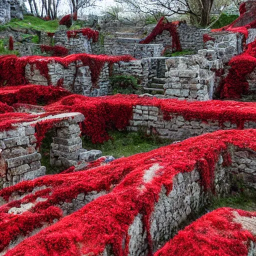 Image similar to the ruins of a village made out of stone, overgrown with red vines