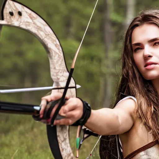 Prompt: photo realistic, consistent and highly detailed face, a attractive woman in archery, hunting - bow, uhd 8 k, highly detailed