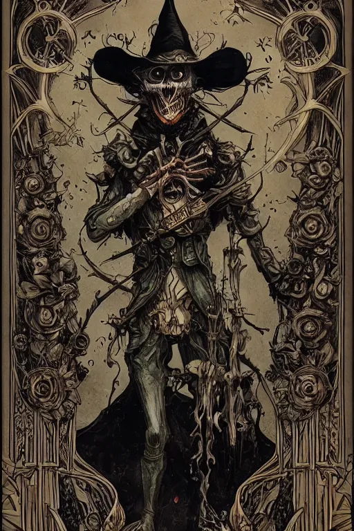 Prompt: stunning tarot card of halloween scarecrow, ornate, rococo, peter mohrbacher, marc simonetti, mike mignola, detailed, intricate ink illustration, symmetry, bloodborne