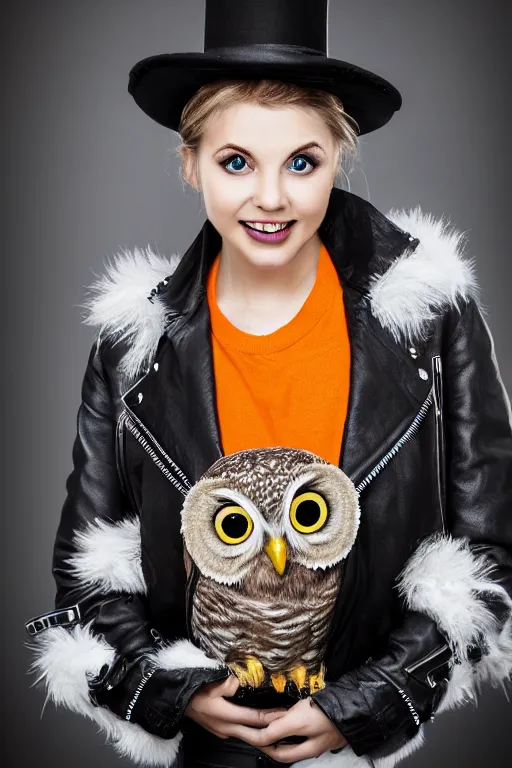 Prompt: cute owl wearing black biker jacket, portrait photo, backlit, studio photo, background colorful, tophat, party