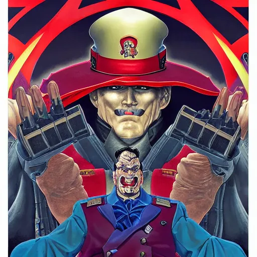 Image similar to portrait of crazy m. bison, symmetrical, cinematic colors, by yoichi hatakenaka, masamune shirow, josan gonzales and dan mumford, ayami kojima, takato yamamoto, barclay shaw, karol bak, yukito kishiro