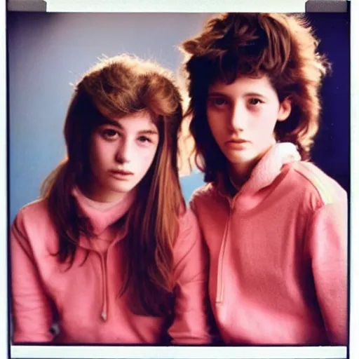 Prompt: French teenagers in the 80's, flash color polaroid, detailed realistic faces