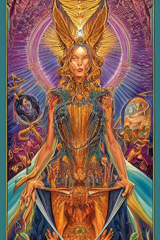 Prompt: beautiful tarot card of the queen of dreams by carol bak and alex grey and dan mumford, oil on canvas, intricate, border, symmetrical, portrait, 8k highly professionally detailed, HDR, CGsociety