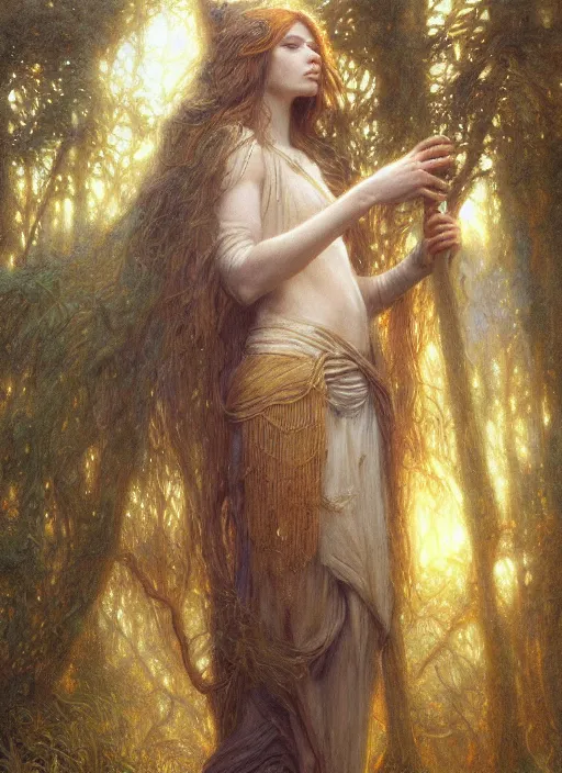Prompt: A druid, by Jean Delville and Sophie Anderson and Mandy Jurgens, golden ratio, perfect composition, elegant, no crop, extremely detailed, hd, masterpiece, artstation