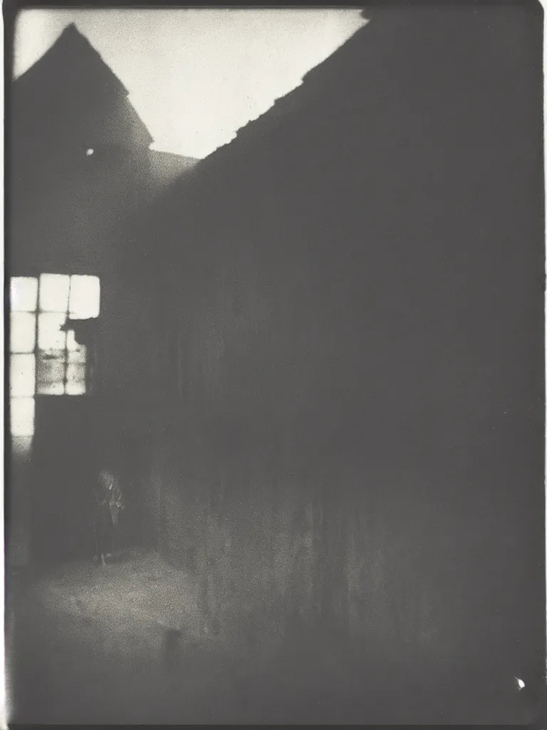 Image similar to still of a vampiric creature hiding in a barn, western film, horror movie, grainy, faded, polaroid, old photo, found footage