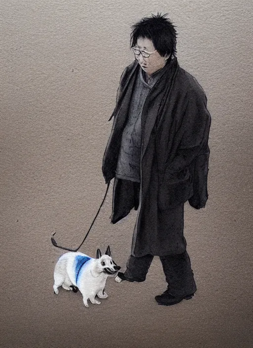 Image similar to portrait, Dalai Lama walking a corgi, watercolor, dramatic lighting, cinematic, establishing shot, extremely high detail, foto realistic, cinematic lighting, pen and ink, intricate line drawings, by Yoshitaka Amano, Ruan Jia, Kentaro Miura, Artgerm, post processed, concept art, artstation, matte painting, style by eddie mendoza, raphael lacoste, alex ross