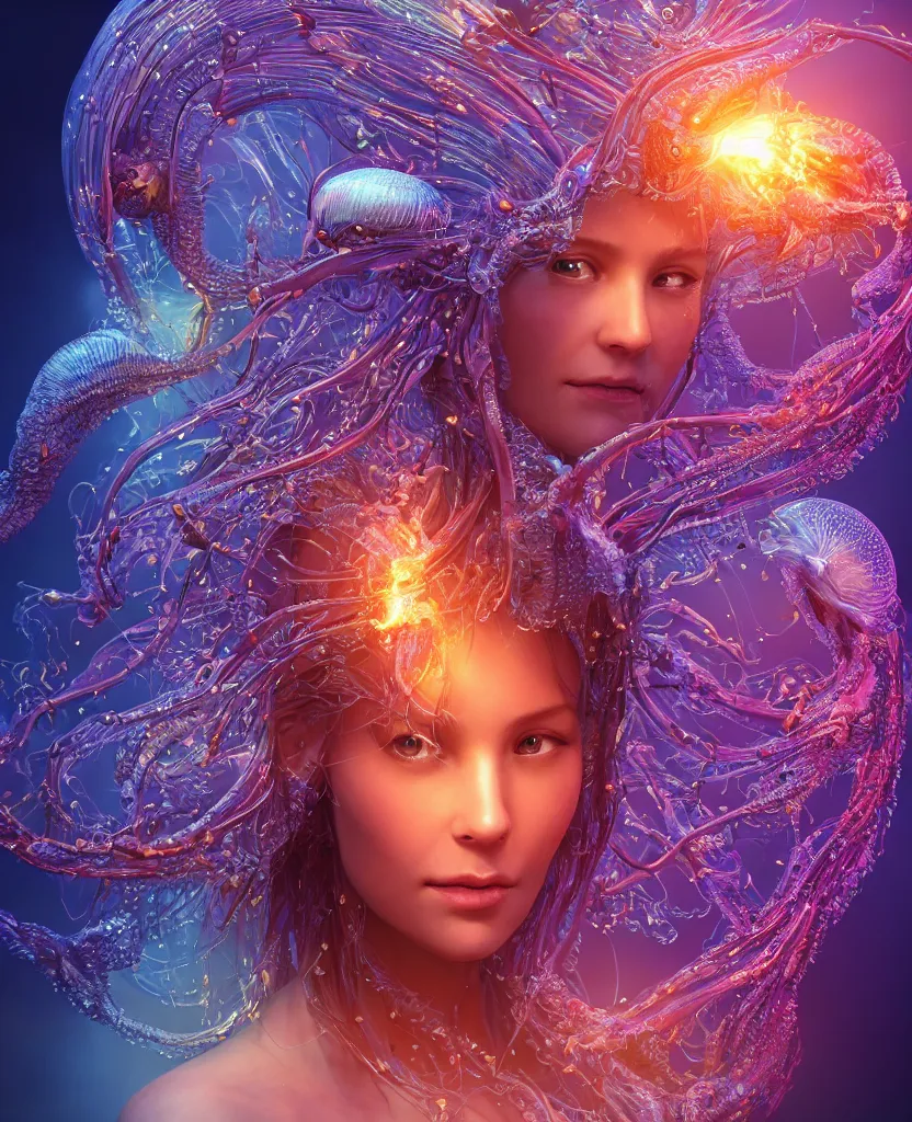 Image similar to close-up macro portrait of the face of a beautiful princess, epic angle and pose, symmetrical artwork, 3d with depth of field, blurred background, cybernetic jellyfish female face skull phoenix bird, translucent, nautilus, energy flows of water and fire. a highly detailed epic cinematic concept art CG render. made in Maya, Blender and Photoshop, octane render, excellent composition, cinematic dystopian brutalist atmosphere, dynamic dramatic cinematic lighting, aesthetic, very inspirational, arthouse. y Greg Rutkowski, Ilya Kuvshinov, WLOP, Stanley Artgerm Lau, Ruan Jia and Fenghua Zhong