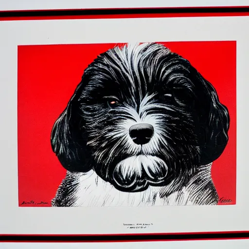 Prompt: Tlingit Haida lithographic, havanese dog red and black white only, lithograph print