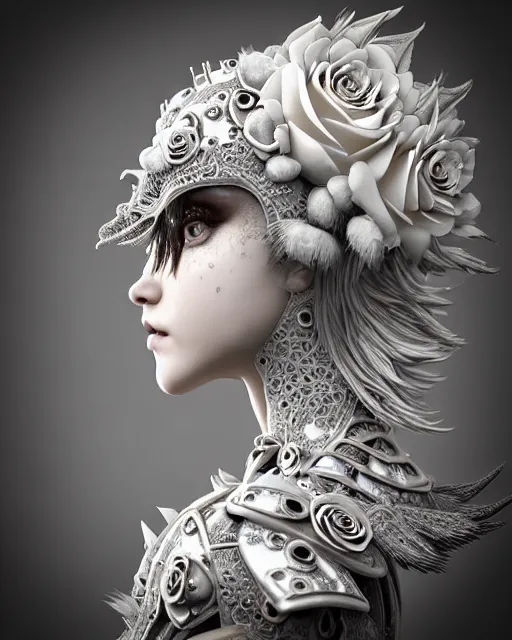 Prompt: bw dreamy close - up profile face, beautiful young porcelain intricate steampunk bio - mechanical vegetal - dragon - cyborg - female, white roses ornate metallic armour, white fluffy feathers, fine mandelbrot fractal lace, 1 5 0 mm, soft rim light, elegant, hyper real, ultra detailed, octane render, hg giger, 1 6 k