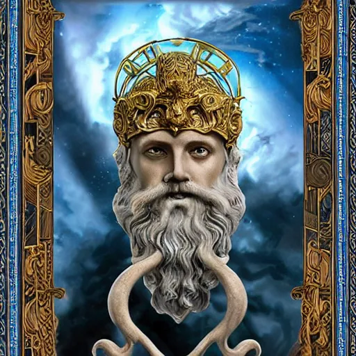 Prompt: portrait of zeus king of olympus made with porcelain by Jeff Easley and Peter Elson + beautiful eyes, beautiful face + symmetry face + border and embellishments inspiried by alphonse mucha, fractals in the background, galaxy + baroque, gothic, surreal + highly detailed, intricate complexity, epic composition, magical atmosphere + masterpiece, award winning + trending on artstation