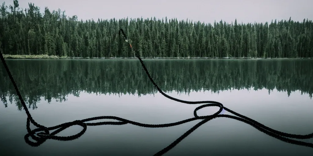 Image similar to centered photograph of a long rope snaking directly on the surface of the water, rope center of the lake, a dark lake on a cloudy day, color film, trees in the background, anamorphic lens