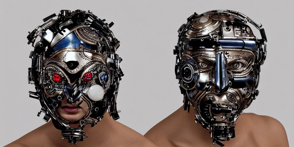 Prompt: a beautiful cyborg made of ceremonial sports maske