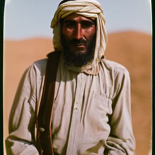 Prompt: medium format photograph of bedouin man with rifle, ektachrome, hasselblad film shallow focus portrait, soft light photographed on expired color film,