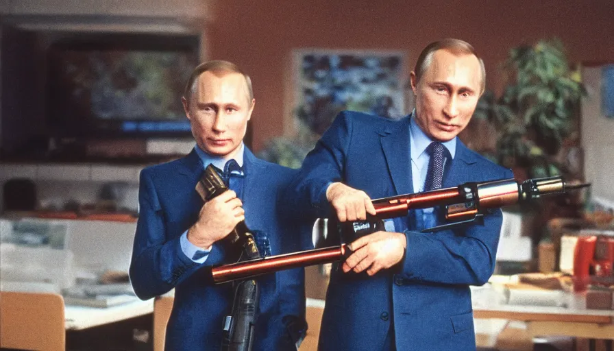 Prompt: 7 0 s movie still of putin in teleshopping show, proudly holding a bazooka. cinestill 8 0 0 t _ 3 5 mm eastmancolor, heavy grain, high quality, high detail