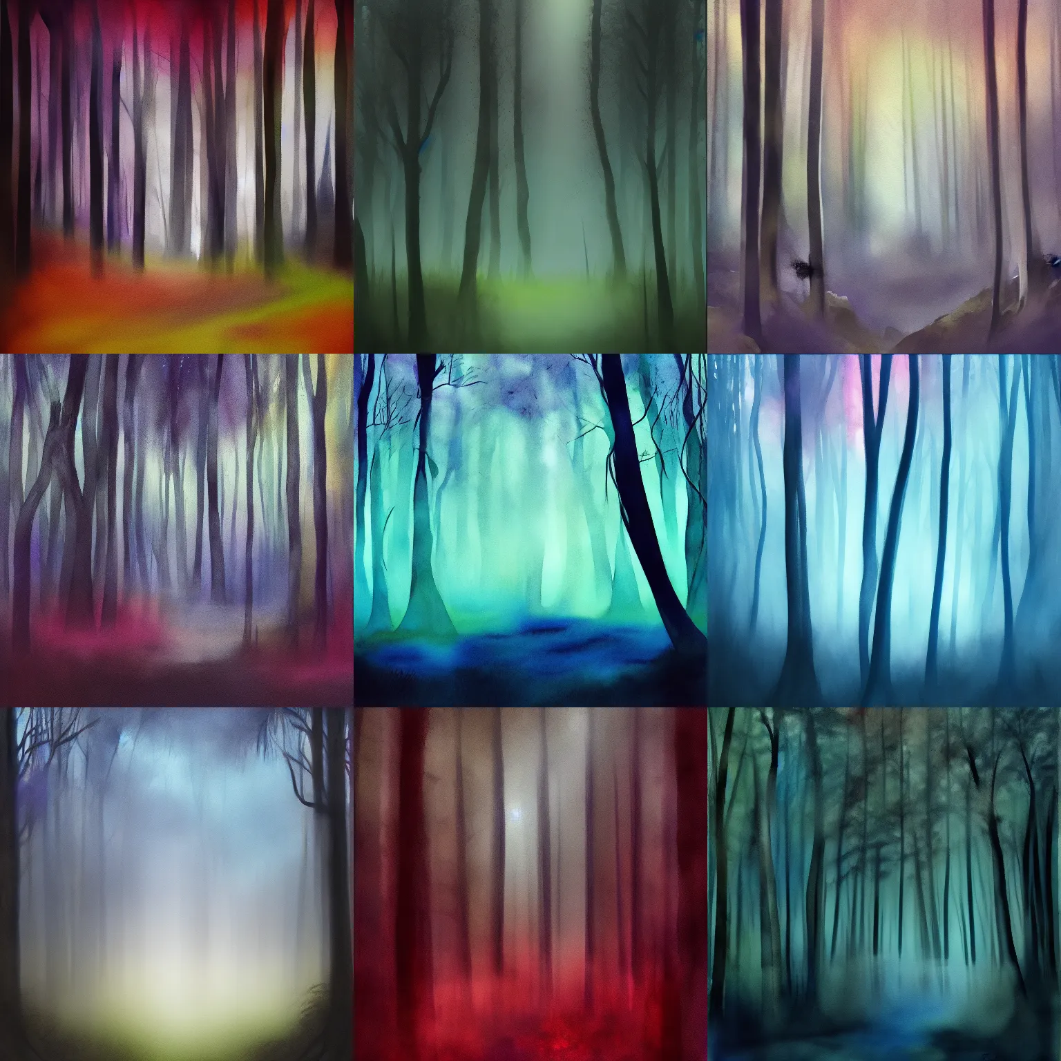 Prompt: a glowing staag inside a dark foggy forest, fantasy watercolor painting, cool colors, high contrast