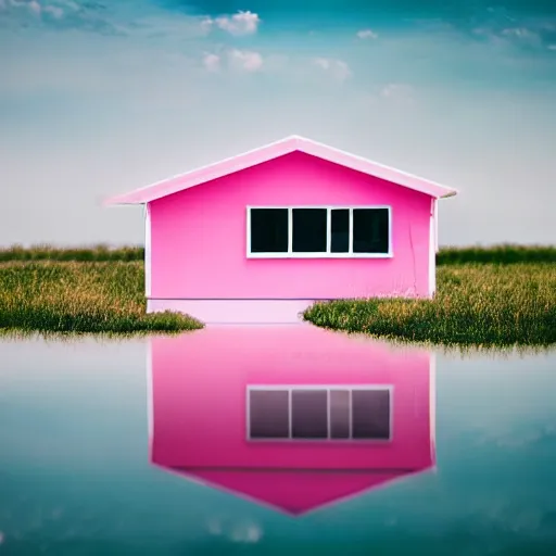 Prompt: a 5 0 mm lens photograph of a cute pink floating modern house, floating in the air between clouds, inspired by the movie up. mist, playful composition canon, nikon, award winning, photo of the year