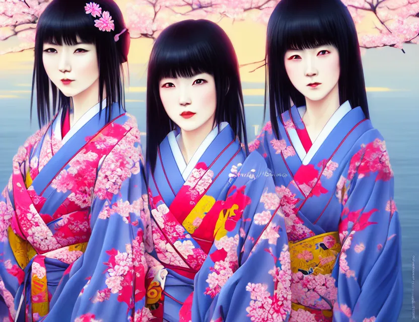 Image similar to two beautiful charming japan girls wear arty kimono in festival | | sunny night, full moon, dreamlike art, realistic shaded, smile, good looking, hyper details, 4 k realistic, cryengine, realistic shaded lighting poster by ilya kuvshinov, fuji choko, ross tran, 8 k resolution, trending on artstation, luxury