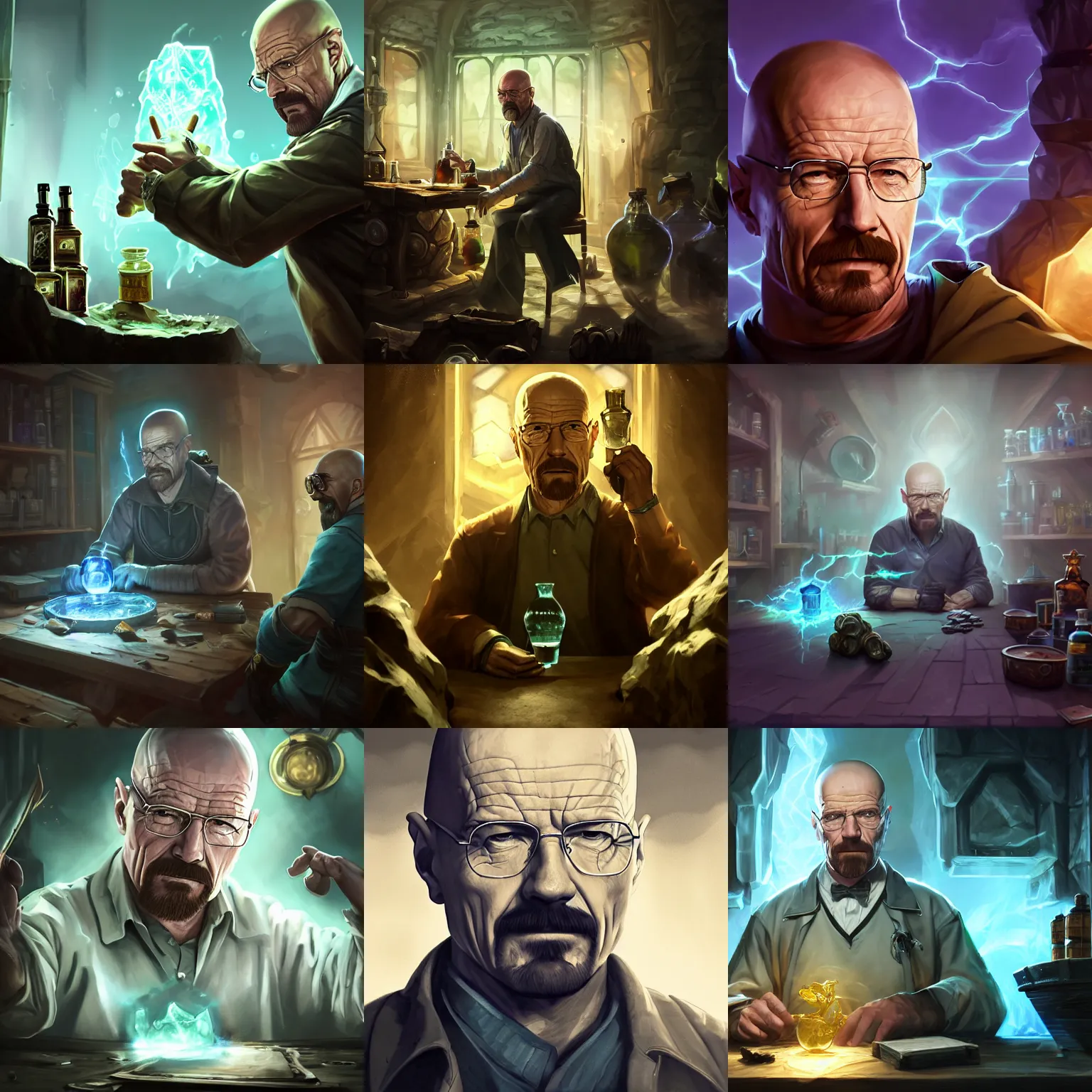 Image similar to portrait of walter white as an alchemist making potions, alchemy, league of legends amazing splashscreen artwork, dungeons and dragons, splash art, natural light, elegant, photorealistic facial features, intricate, fantasy, detailed face, atmospheric lighting, anamorphic lens flare, cinematic lighting, league of legends splash art, hd wallpaper, ultra high details by greg rutkowski