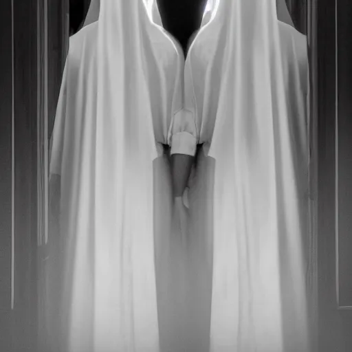 Image similar to nightmare vision, black and white, award winning photo, levitating twin nuns, wearing translucent sheet, Mary in a sanctuary, mirror hallways, eerie, frightening, holding hands, smiling —width 1024 —height 1024