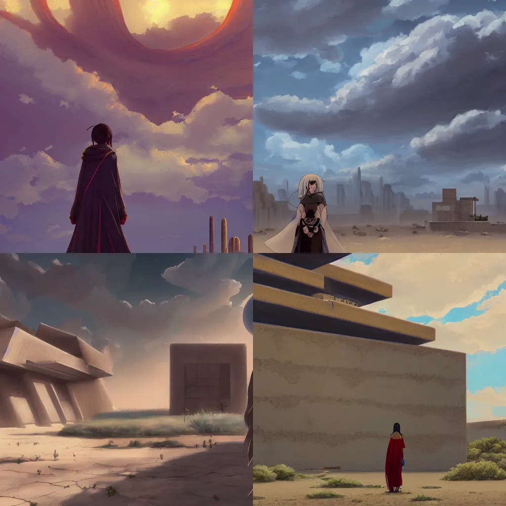 Prompt: A painting of a female mage in the desert with storm clouds and a brutalist architecture house in the background by makoto shinkai, unreal engine