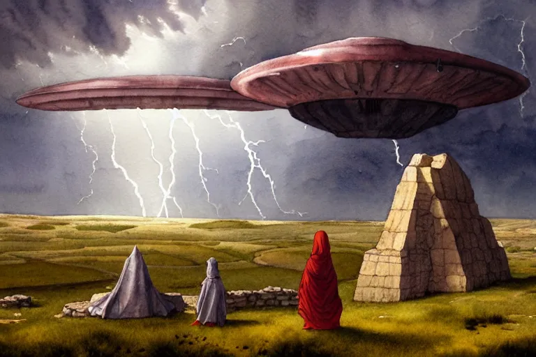 Image similar to a hyperrealist watercolor concept art of a giant ufo in the sky above gobekli tepe during a thunderstorm. a medieval child in grey robes is in the foreground. very muted colors, by rebecca guay, michael kaluta, charles vess. high detail, hq, wide shot, 4 k