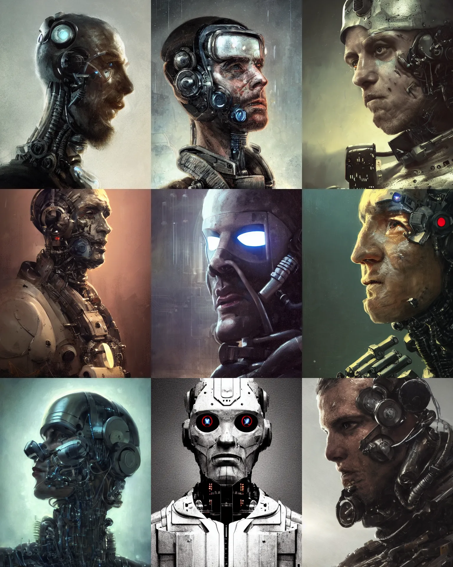 Prompt: a rugged half - masked laboratory technician man with cybernetic enhancements as seen from a distance, scifi character portrait by greg rutkowski, esuthio, craig mullins, 1 / 4 headshot, cinematic lighting, dystopian scifi gear, gloomy, profile picture, mechanical, cyborg, half robot, implants, dieselpunk