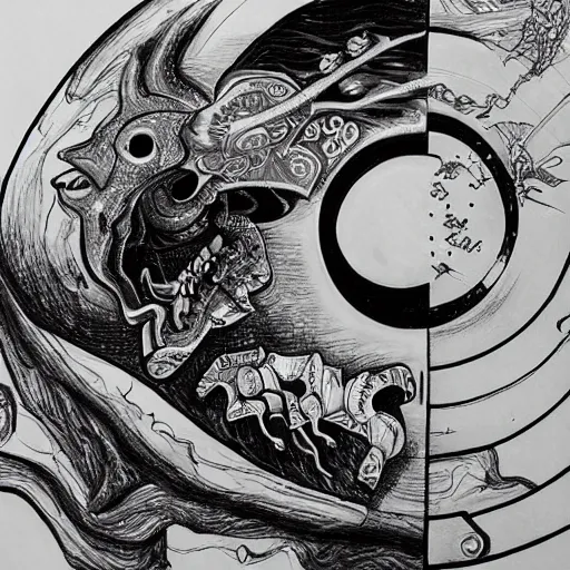 Prompt: daoist battle tank painted in white and black yinyang symbol blasting away at dystopia, cosmos backdrop, detailed pencil drawing by an alien from the future