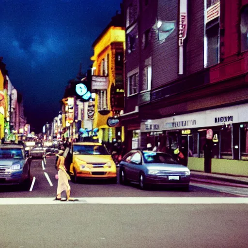 Prompt: photo of minion walking on busy street, cinestill, 8 0 0 t, 3 5 mm, full - hd