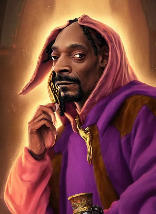 Image similar to snoop dogg as a mage, short beard, grumpy, intricate purple robes, Ivan Aivakovsky, Boris Vallejo, epic fantasy character art, D&D Concept Art, full length, ultra Realistic, Regal, Refined, Detailed Digital Art, Exquisite detail, post-processing, masterpiece, Cinematic Lighting, Unreal Engine, 8k, HD,