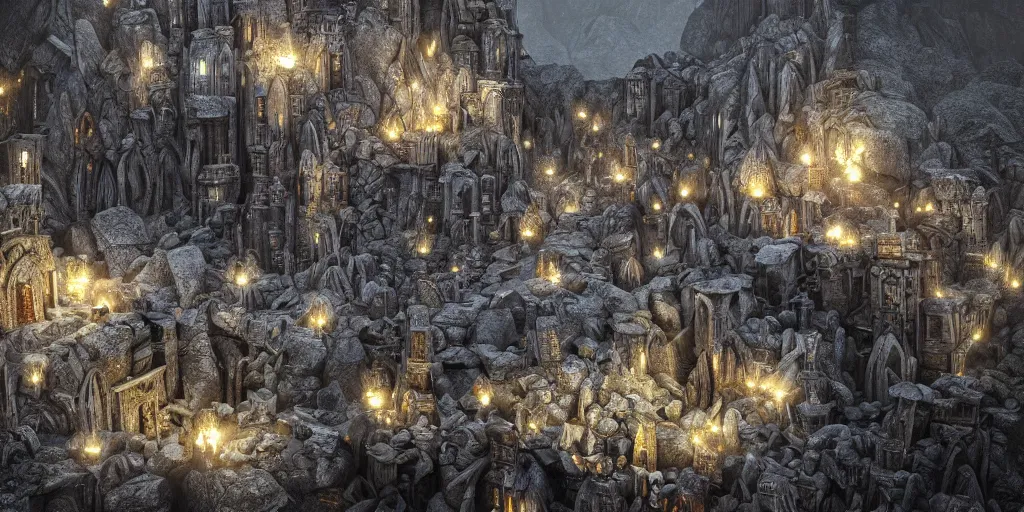 Image similar to A shining dwarven city made out of intricately carved stone in a dark cavern, rainy, dark and gloomy atmosphere, fantasy digital art, octane render, beautiful composition, trending on artstation, award-winning photograph, masterpiece