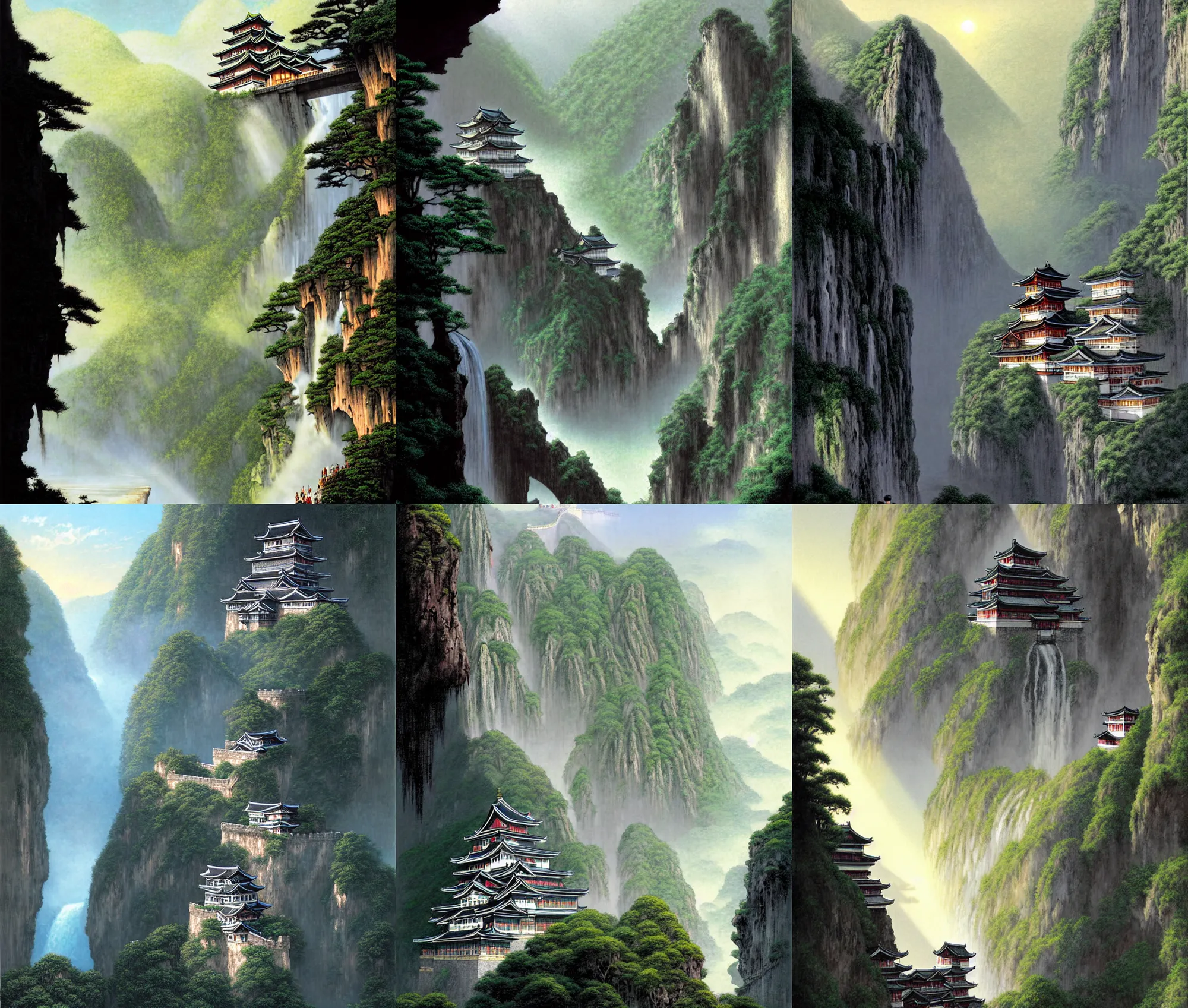 Prompt: sharp establishing wide shot inside han son doong with waterfalls on either side of the cliff walls, at the top of the cliff is a japanese castle, a cloister is built into the cliff walls, an old suspension bridge spans the walls, sunny morning light, sunbeam, detailed digital concept art by gerald brom and james gurney
