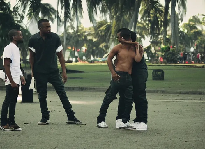 Image similar to ryan gosling kissing kanye west in luneta park, philippines, real life photograph, award winning photograph, 4 k