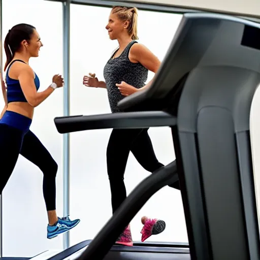 Prompt: A woman walking on a treadmill with her dog walking on a smaller treadmill next to her