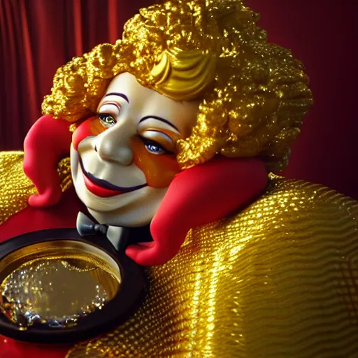 Image similar to A still of Ronald McDonald surrounded by gold and diamonds, Award-winning, photograph, 3d render, unreal engine, 4k detailed