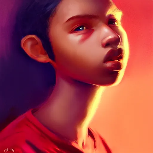 Image similar to colorful and festive captivating teenager with straight short brown hair covering his eye, dark skin, big lips, big eyes, wearing a red t - shirt. rich vivid colors, ambient lighting, dynamic lighting, 4 k, atmospheric lighting, painted, intricate, highly detailed by charlie bowater